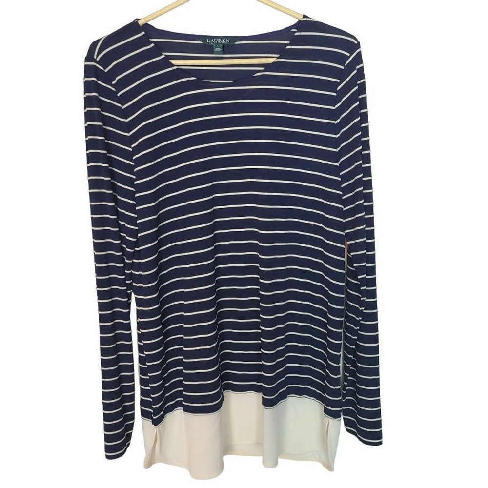 Lauren Ralph Lauren Womens L Navy Blue White Striped Long Sleeves Blouse Top